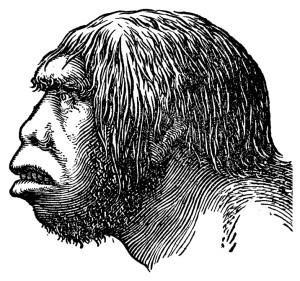 Vintage illustration of a Neanderthal head (isolated on white). Published in Systematischer Bilder-Atlas zum Conversations-Lexikon, Ikonographische Encyklopaedie der Wissenschaften und Kuenste (Brockhaus, Leipzig) in 1844.